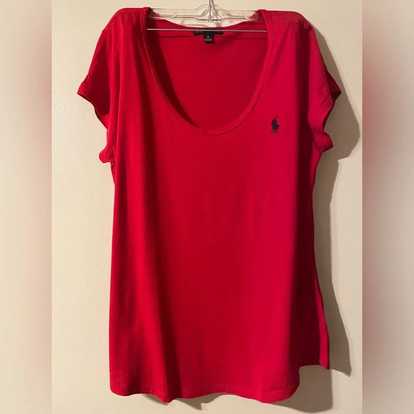 Ralph Lauren Red Scoop Neck Pony Logo Cotton Lyocell Blend Top Size Large - Picture 1 of 7